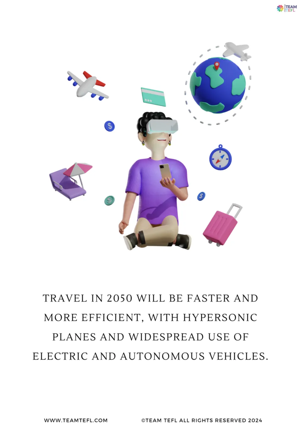 Illustrated 2050 prediction card 6 describes faster travel using hypersonic planes and electric autonomous vehicles.