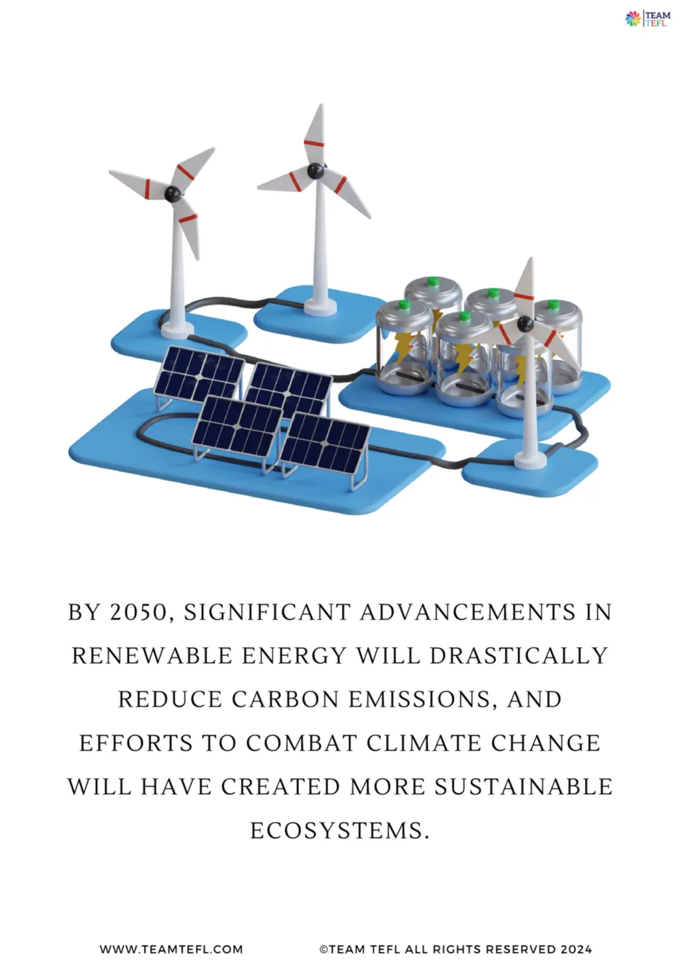 Illustrated 2050 prediction card 7 links renewable energy to lower carbon emissions and more sustainable ecosystems.