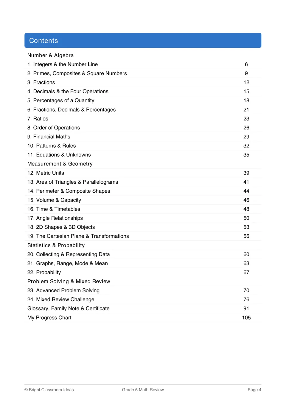 Contents listing 24 review sections from integers and fractions to angles, data, probability and a mixed review challenge