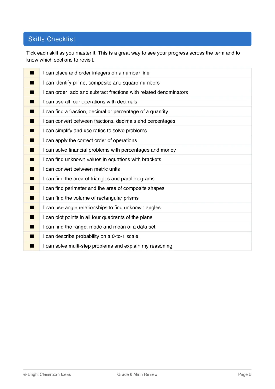 Skills Checklist: students tick 19 'I can' statements, from ordering integers to range, mode, mean and multi-step problems