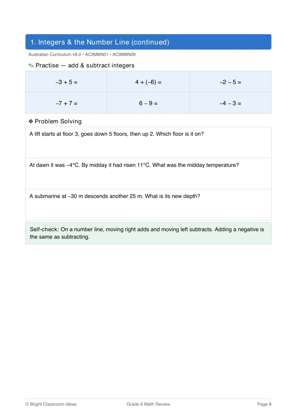 Adding and subtracting integers: six sums like 4 + (-6), then word problems about a lift, dawn temperature and a submarine