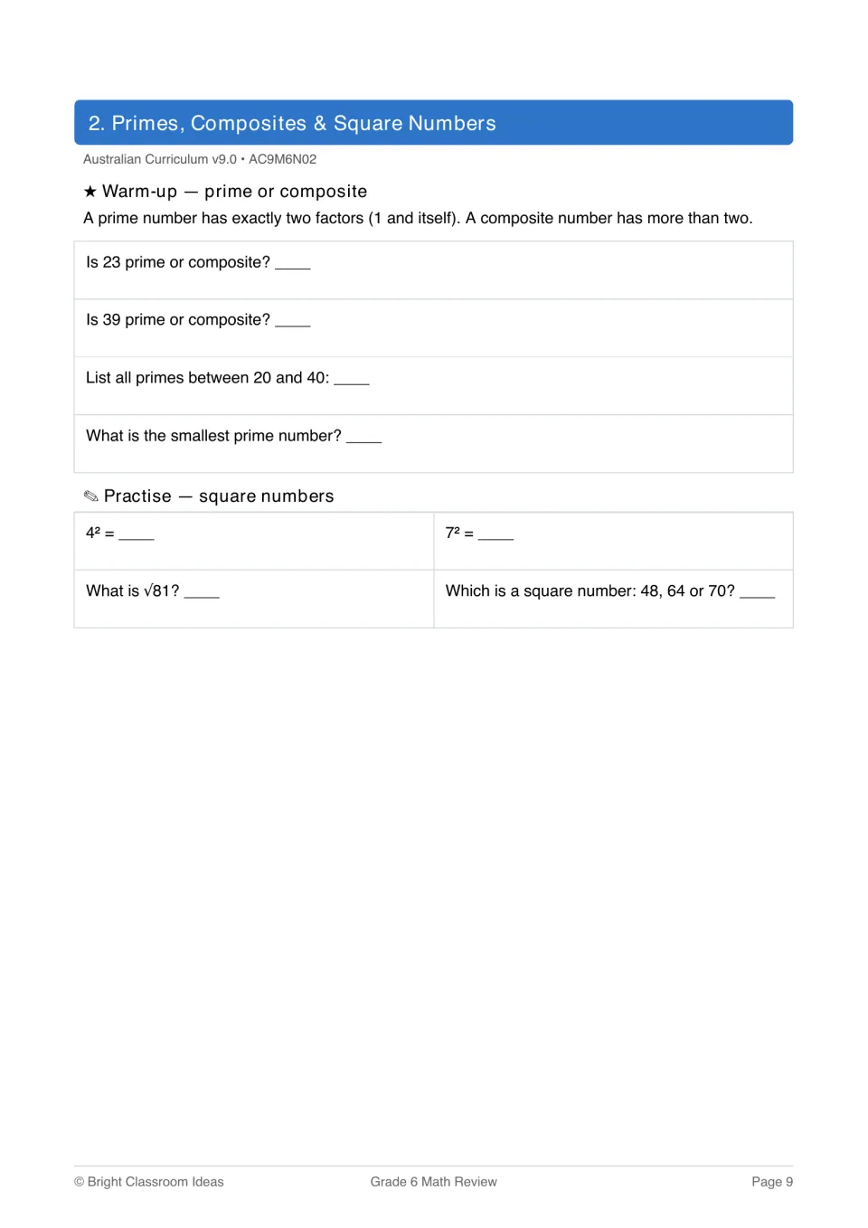 Primes, composites and square numbers: students classify 23 and 39, list primes from 20 to 40 and evaluate 4², 7² and √81