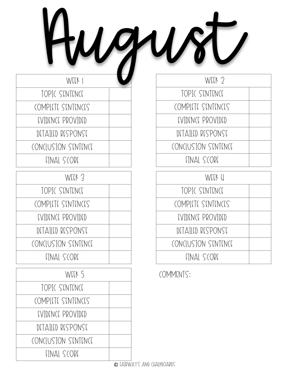 August rubric for Weeks 1-5 scoring topic sentence, complete sentences, evidence, detail, conclusion and final score