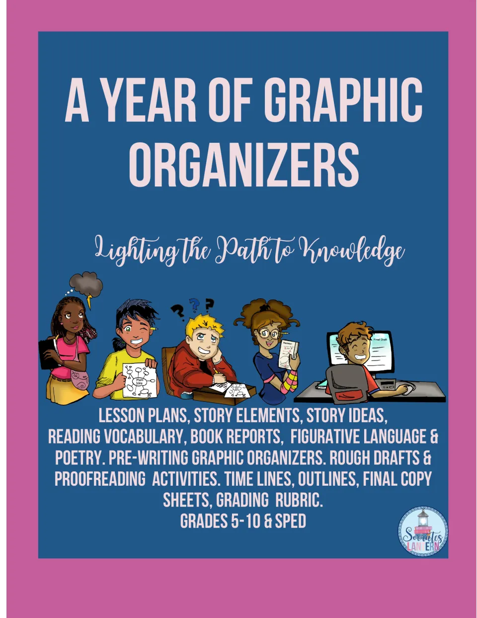 A Year of Graphic Organizers cover listing story elements, book reports, pre-writing, rough drafts, outlines and a rubric