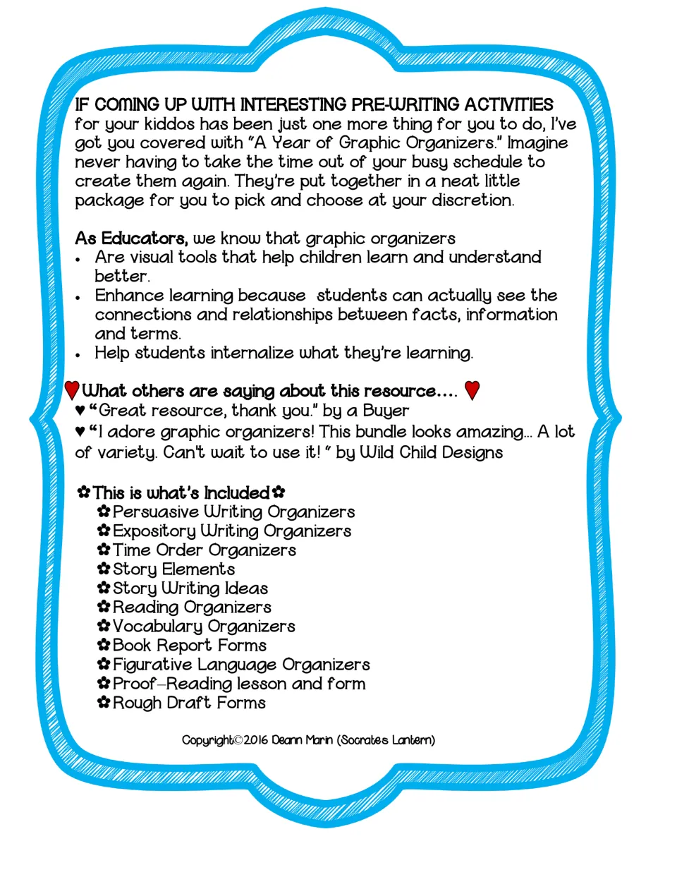 Product description of the organizer set with buyer quotes, listing persuasive, expository and story organizers