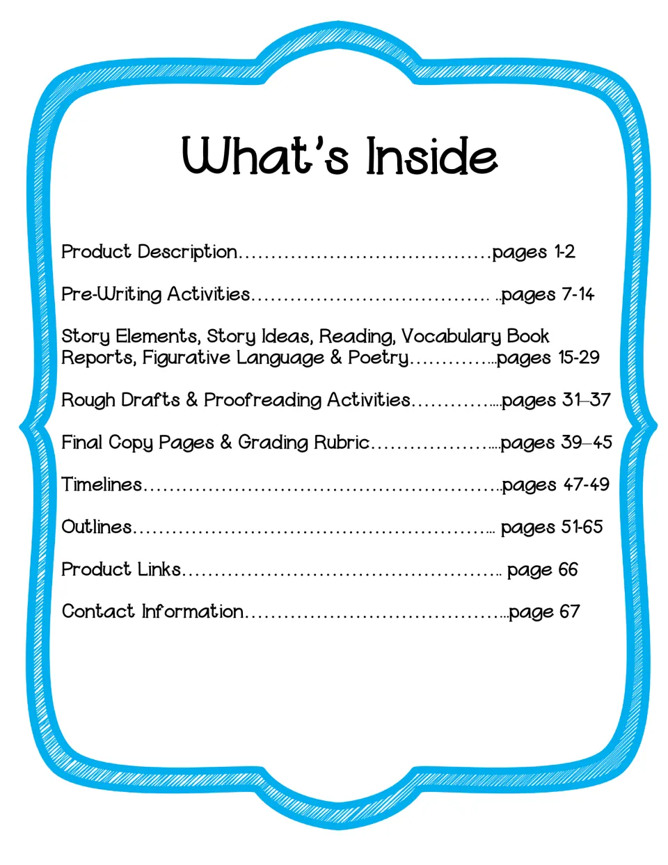What's Inside contents list with page ranges for pre-writing, story elements, rough drafts, timelines and outlines
