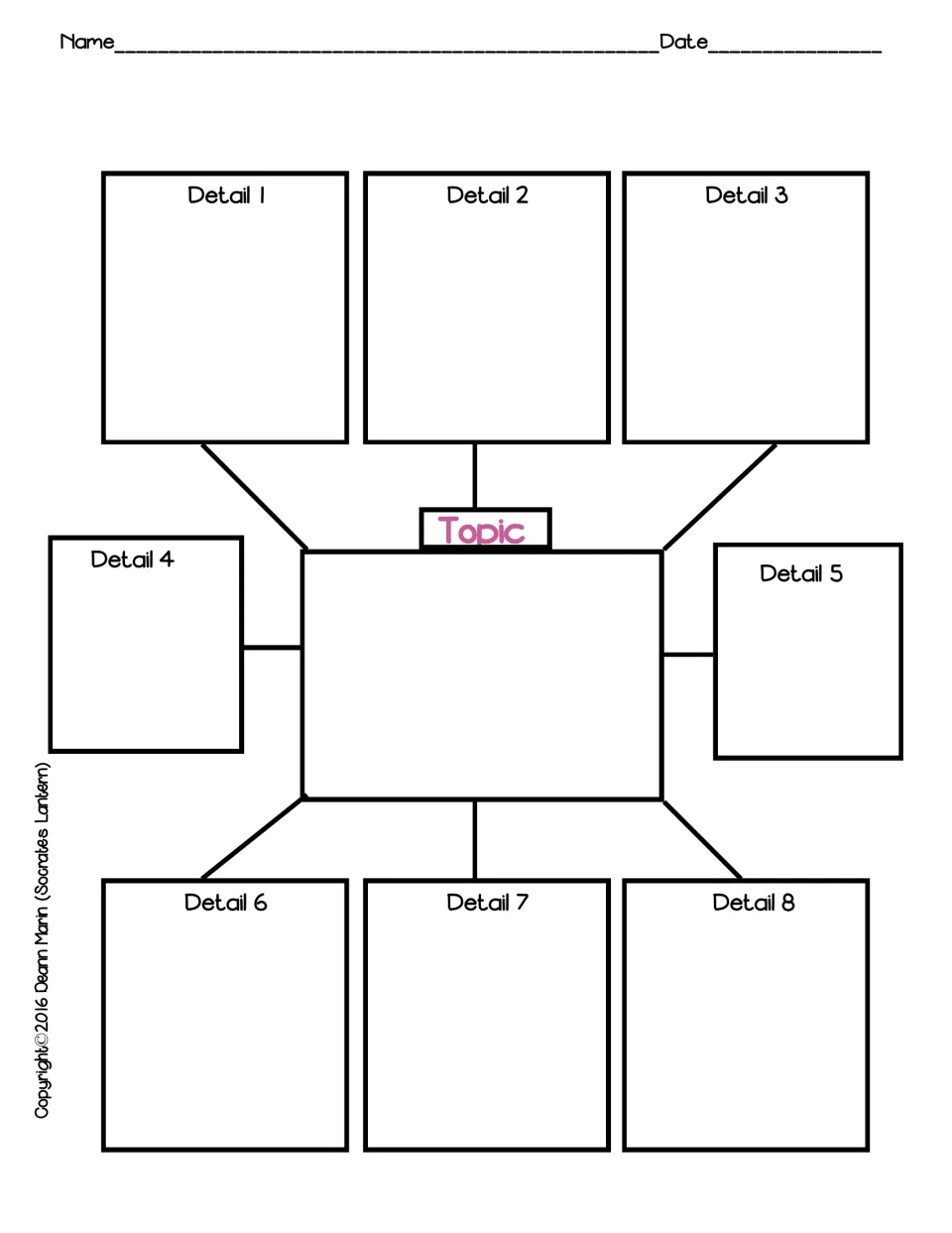Topic web: students write a central topic and eight numbered details around it to brainstorm supporting ideas