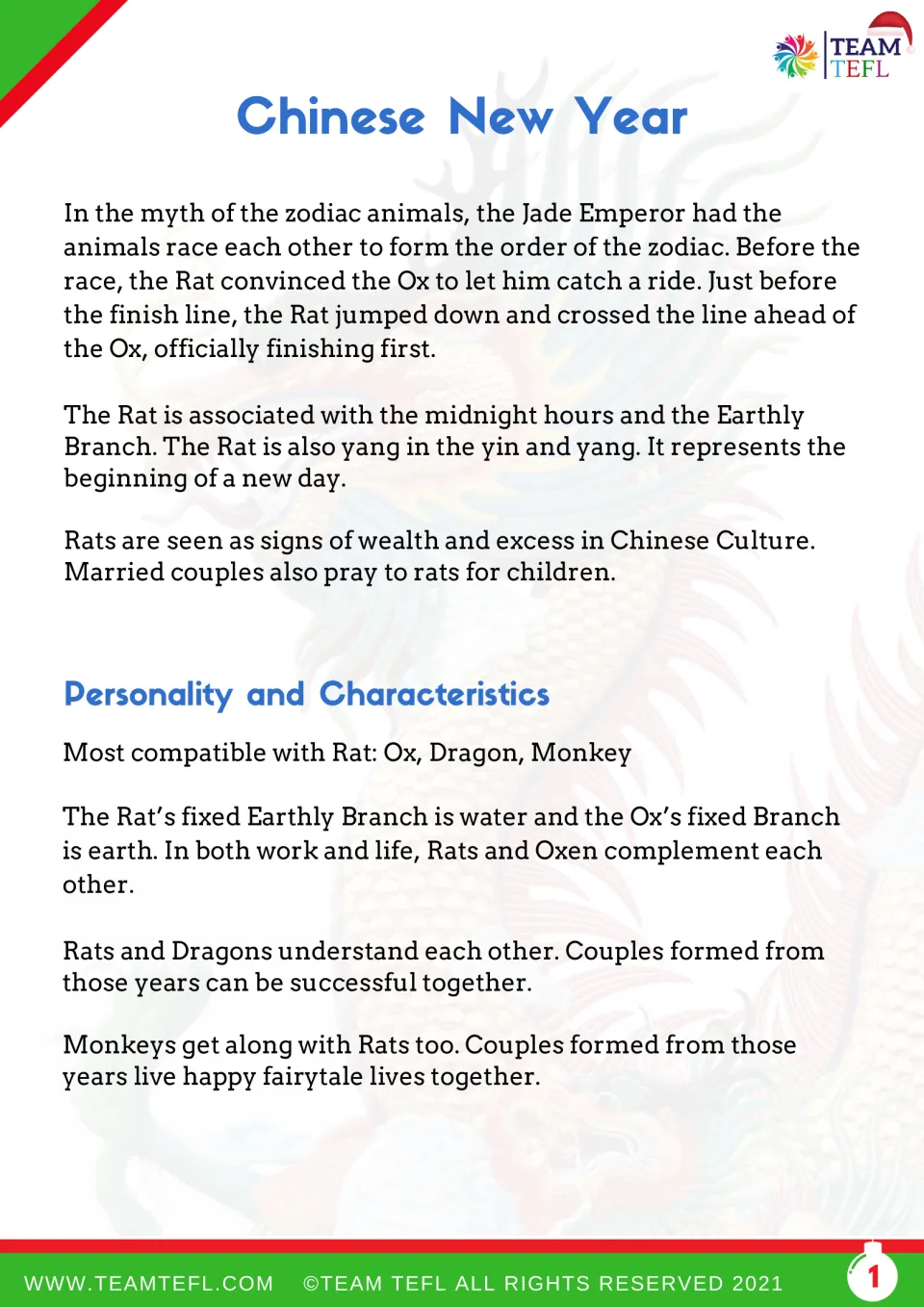 Zodiac race myth reading: students read how the Rat beat the Ox, its yang symbolism and its most compatible signs