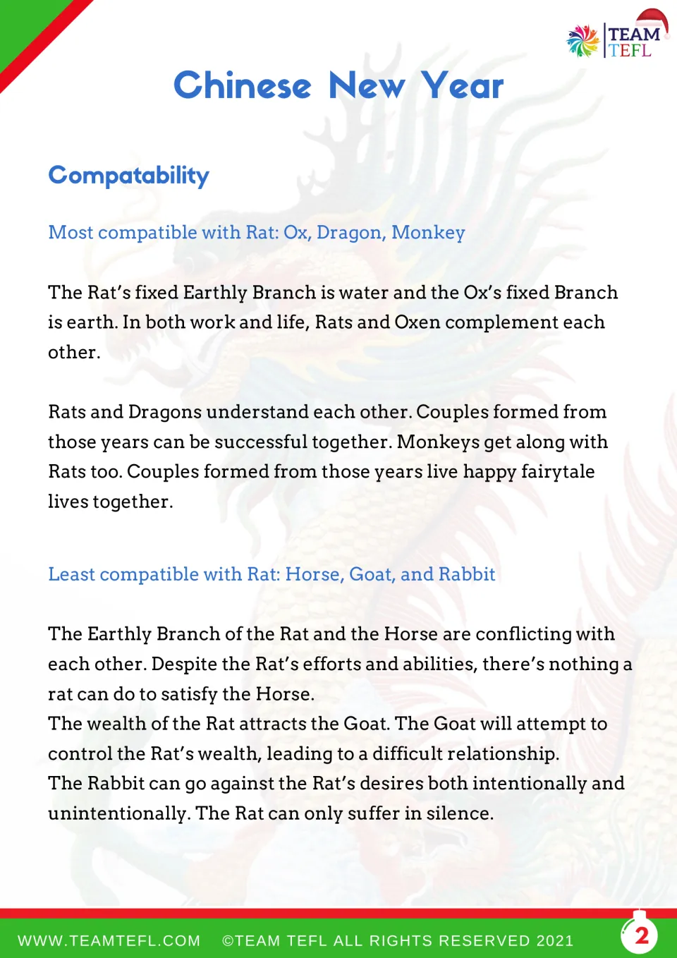 Rat compatibility reading: students read why Ox, Dragon and Monkey suit the Rat and why Horse, Goat and Rabbit clash