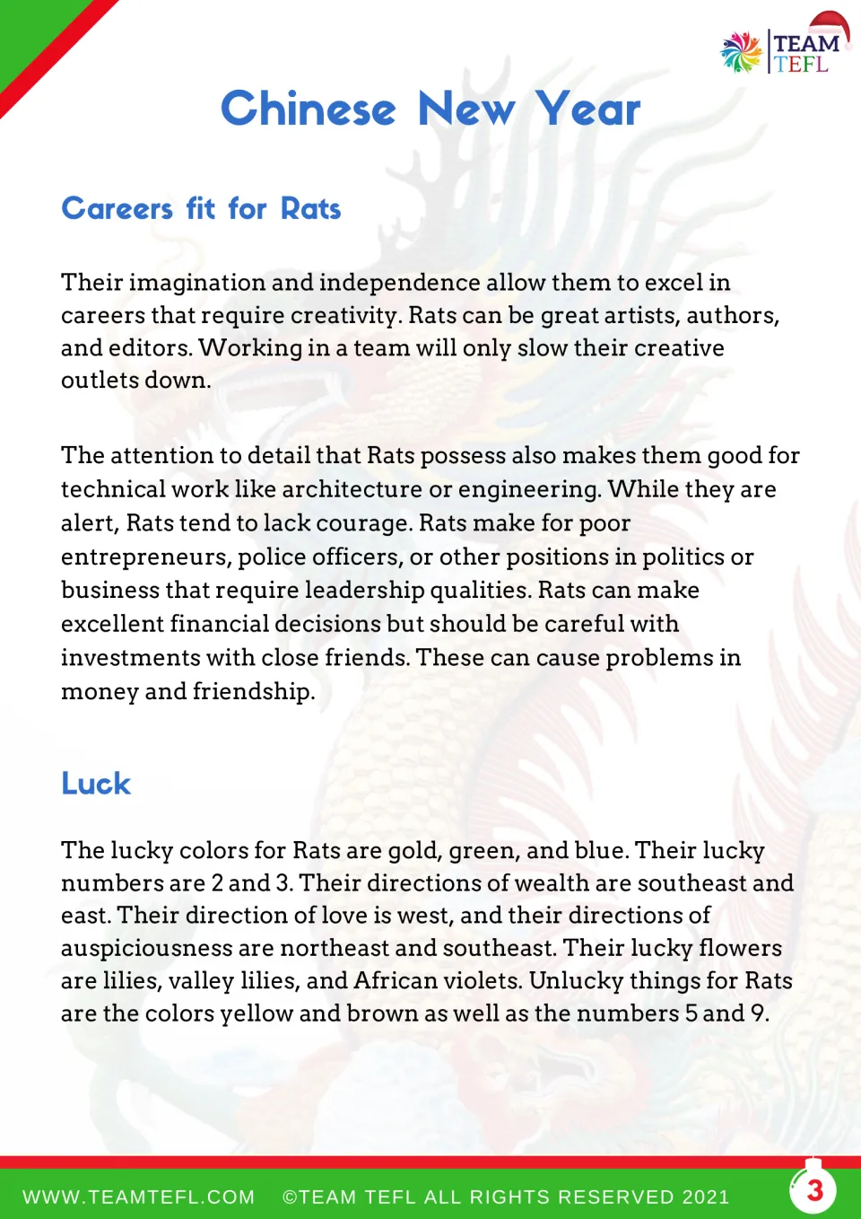 Rat careers and luck reading: students read about creative and technical jobs, lucky colors, numbers and flowers