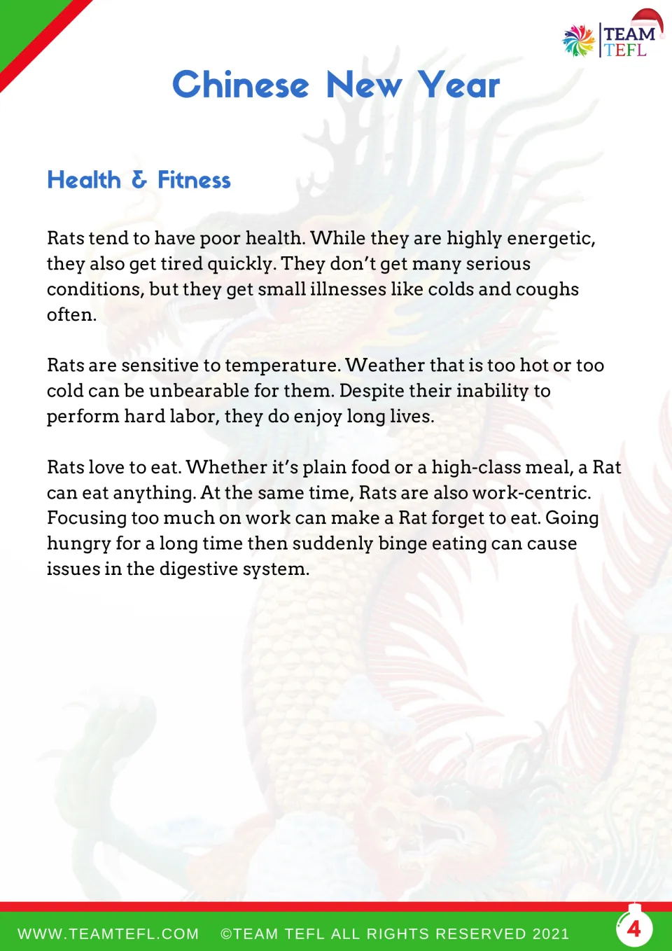 Rat health and fitness reading: students read about low stamina, frequent colds, long lives and eating habits