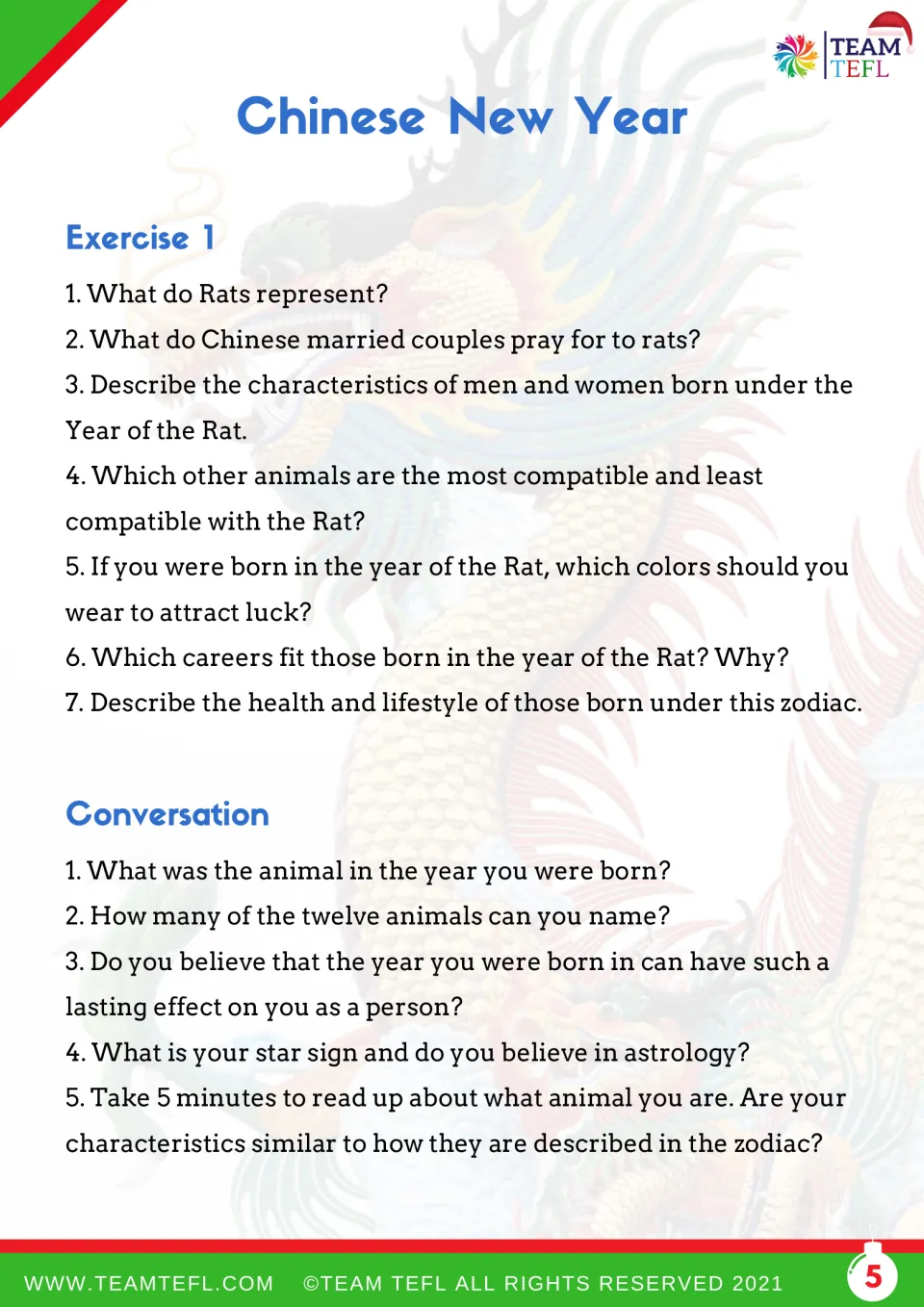 Reading comprehension: students answer 7 questions on the Rat, then discuss 5 prompts on birth-year animals