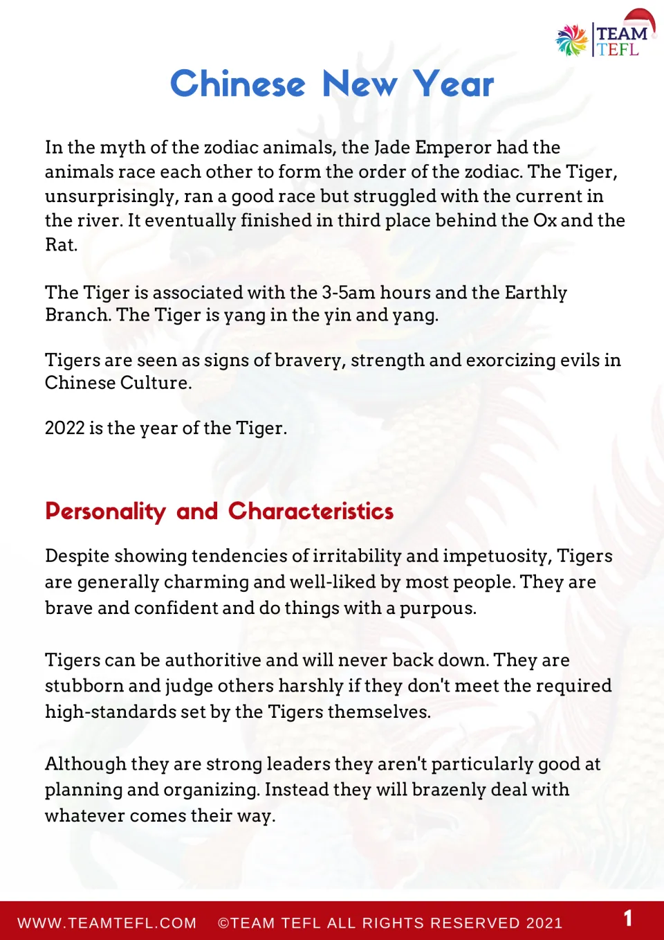 Tiger zodiac myth and traits: students read how the Tiger placed third in the Jade Emperor's race and its personality