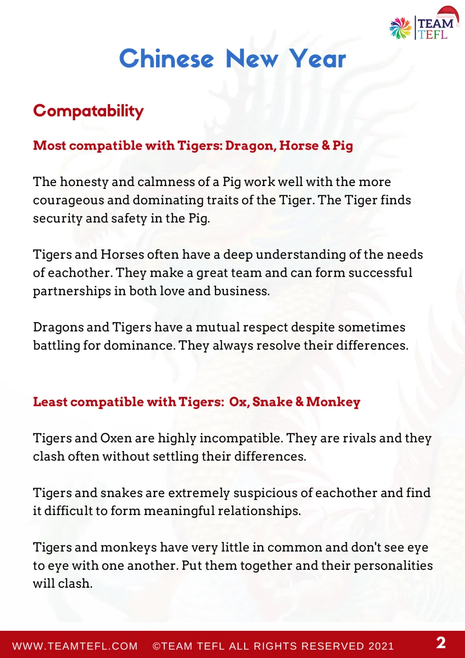Tiger compatibility reading: students read why Dragon, Horse and Pig suit Tigers and why Ox, Snake and Monkey clash