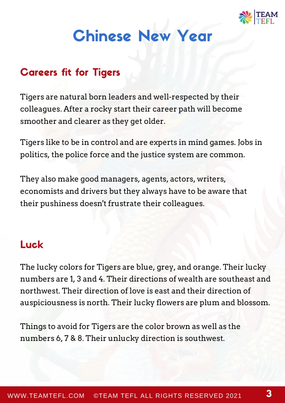 Careers and luck for Tigers: students read about suited jobs, lucky colors blue, grey and orange, numbers and directions
