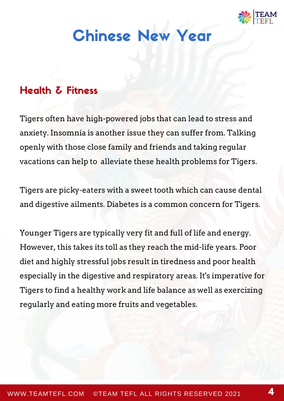 Health & Fitness reading: students learn the Tiger's stress, insomnia, sweet tooth and the need for work-life balance