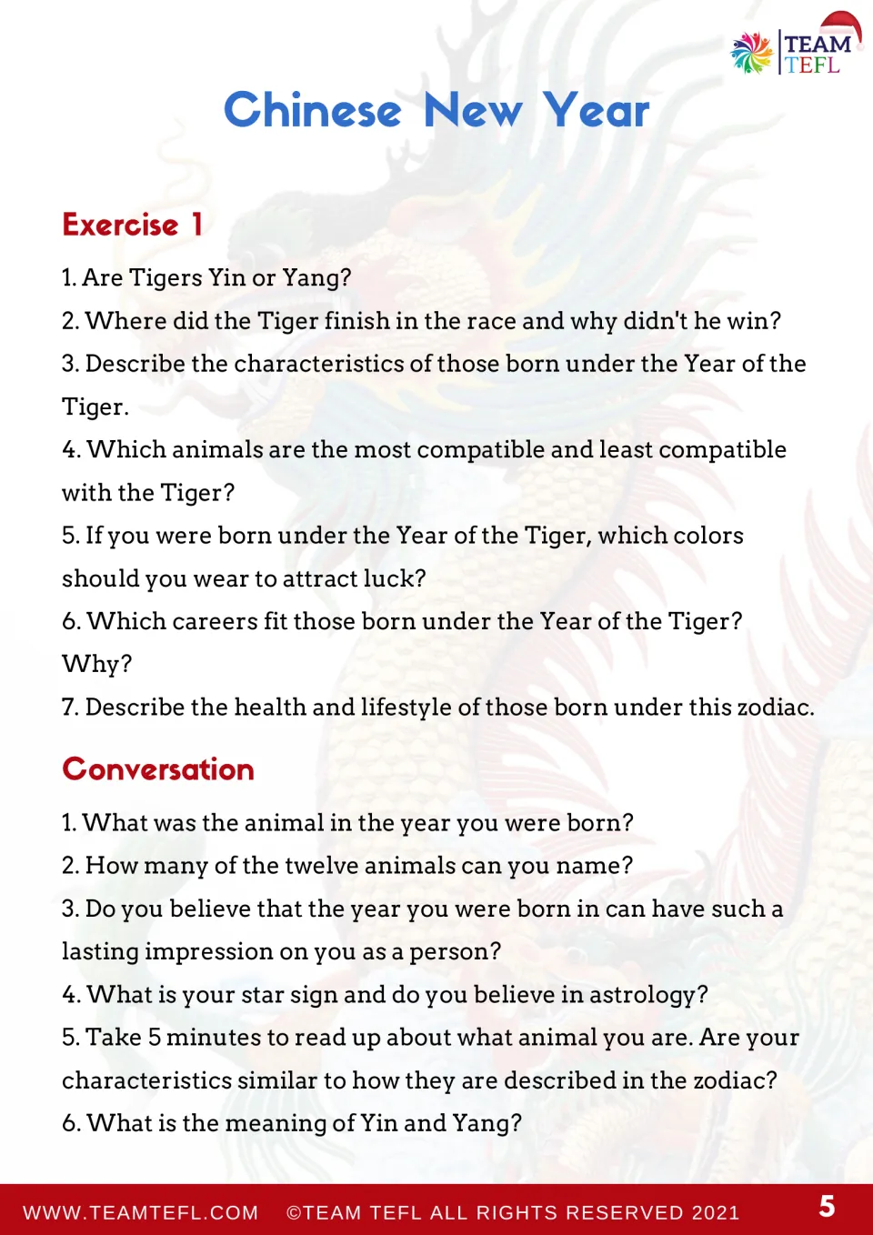 Exercise 1: students answer seven comprehension questions on the Tiger, then discuss six zodiac conversation prompts