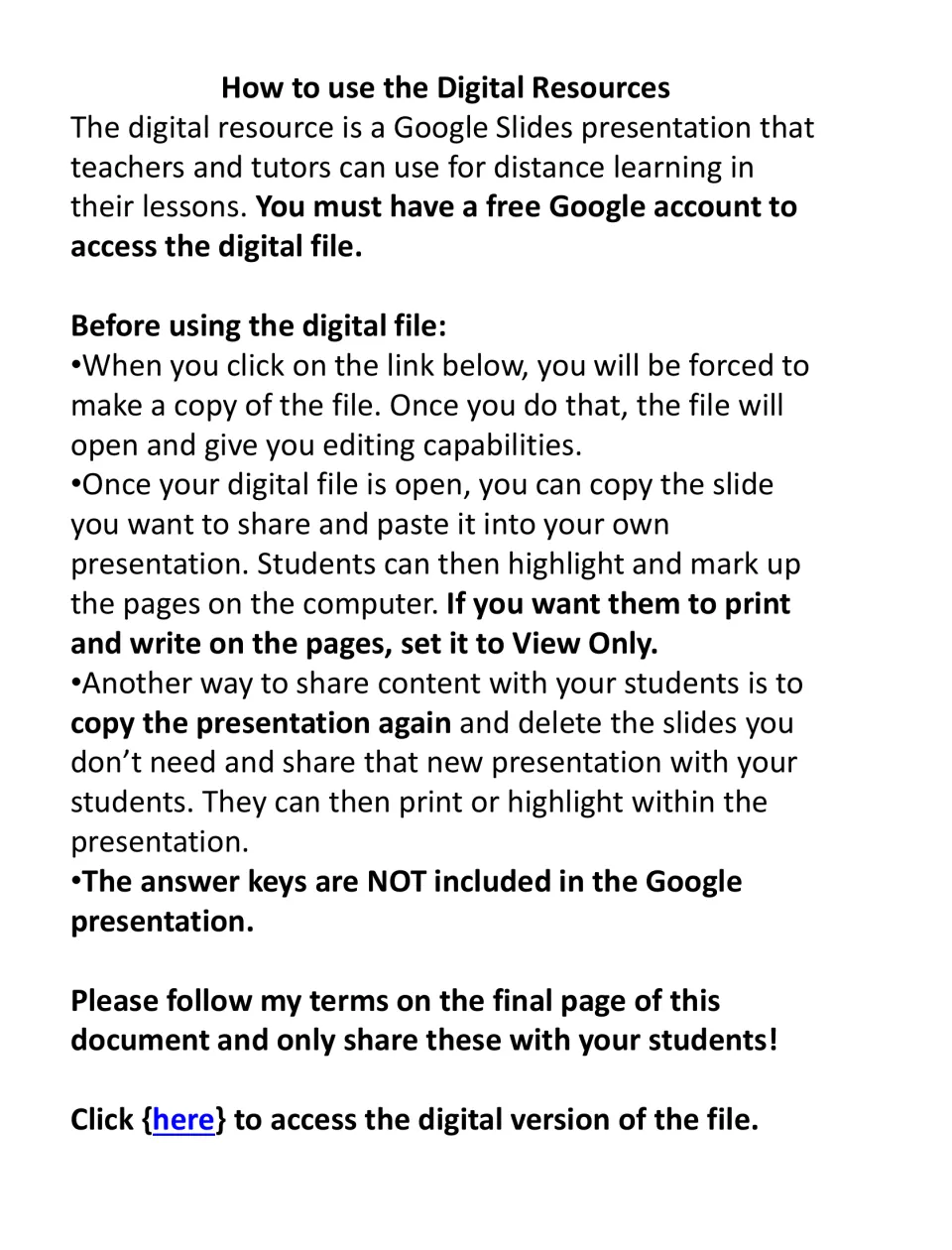 Digital resource instructions for copying and sharing Google Slides; answer keys are excluded from the slides