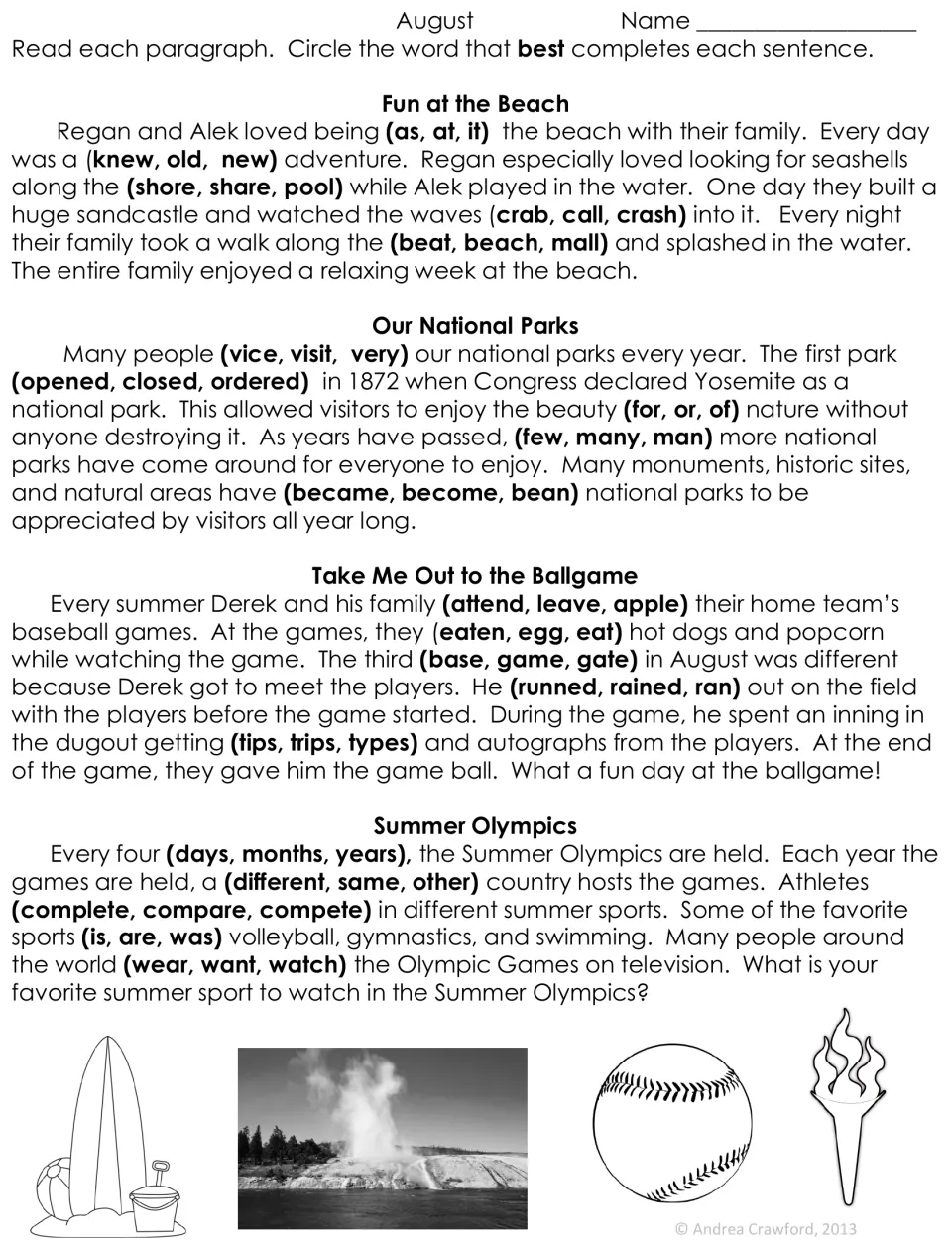 August cloze worksheet: four paragraphs about the beach, national parks, baseball, and Summer Olympics