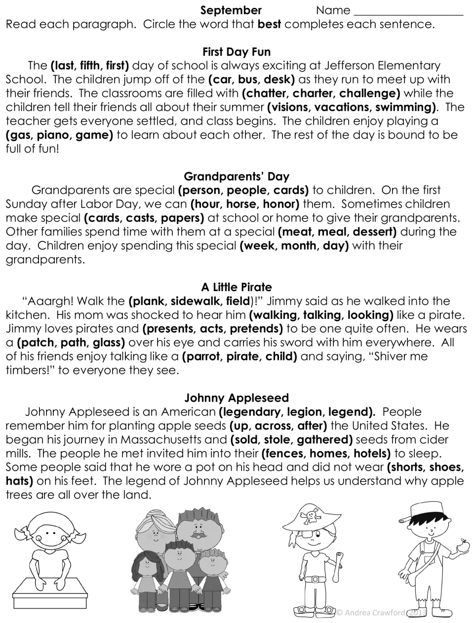 September cloze worksheet: four paragraphs about school, Grandparents’ Day, a pirate, and Johnny Appleseed
