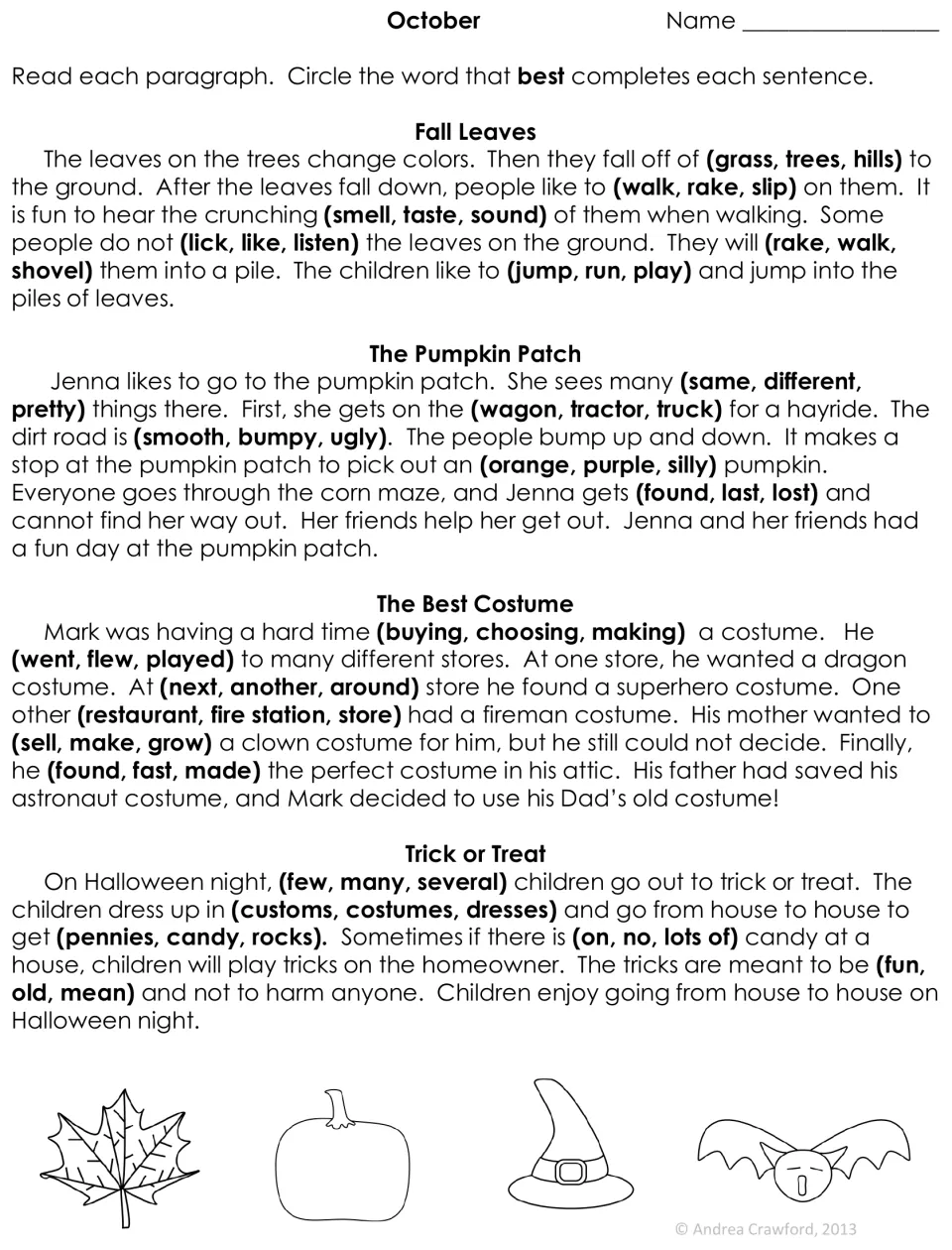 October cloze worksheet: four paragraphs about fall leaves, a pumpkin patch, costumes, and trick-or-treating