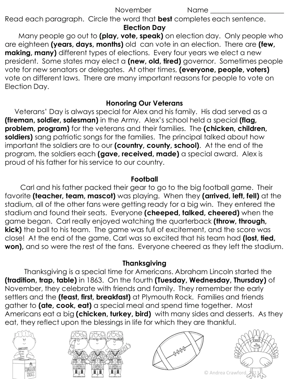 November cloze worksheet: four paragraphs about Election Day, veterans, football, and Thanksgiving