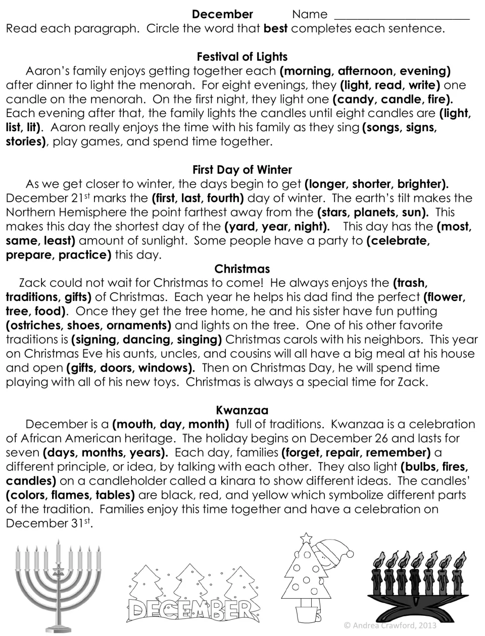 December cloze worksheet: four paragraphs about the Festival of Lights, winter, Christmas, and Kwanzaa