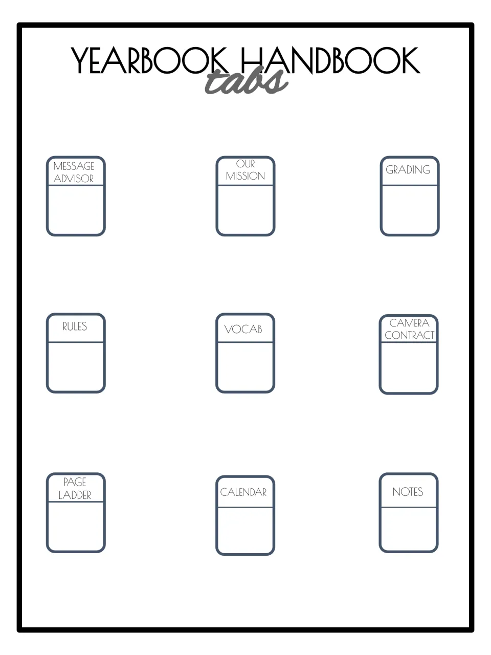 Section tabs for the binder: Advisor, Mission, Grading, Rules, Vocab, Camera Contract, Page Ladder, Calendar, Notes