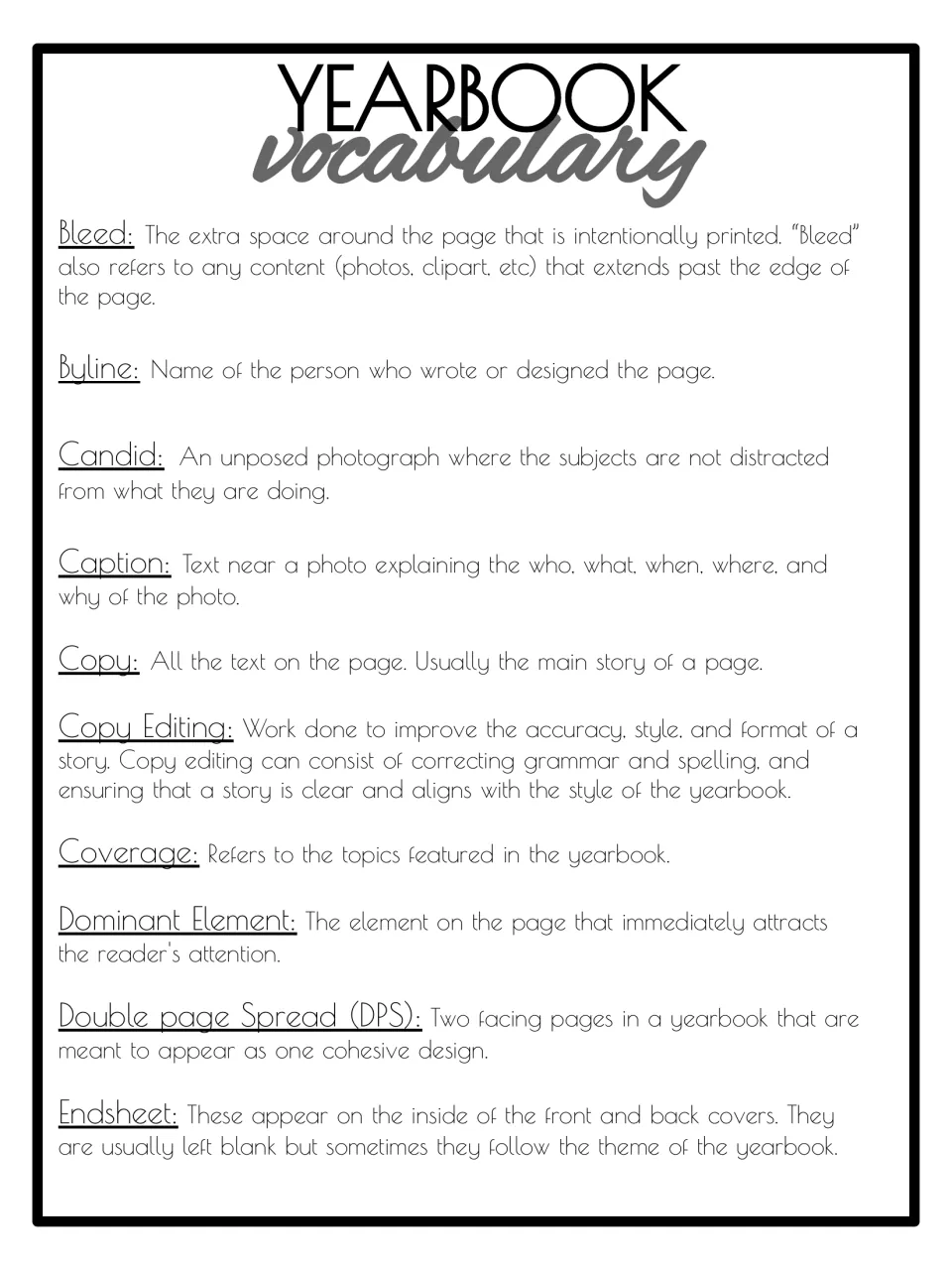Vocabulary part 1: definitions for bleed, byline, candid, caption, copy, copy editing, coverage, DPS and endsheet