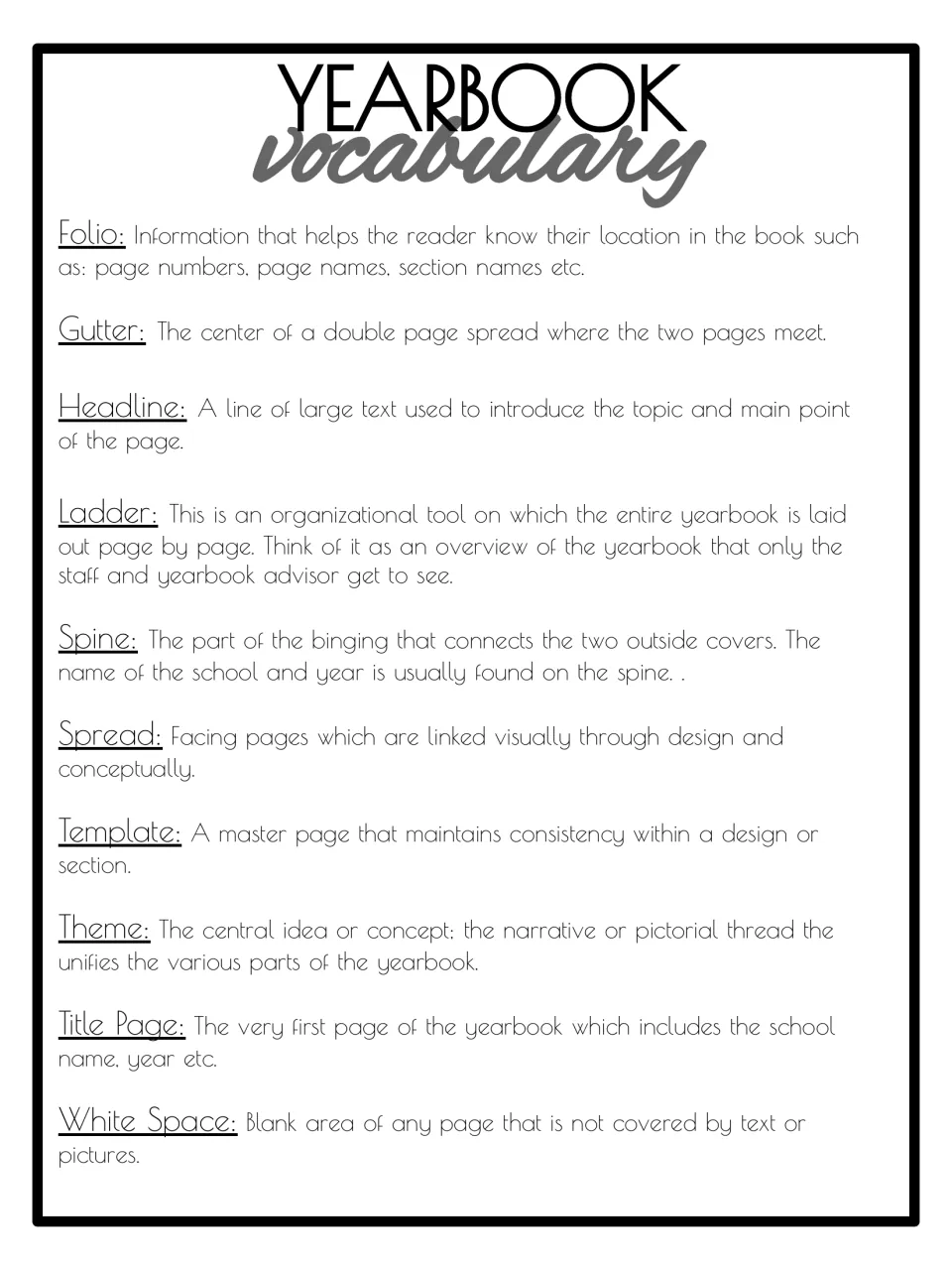 Vocabulary part 2: definitions for folio, gutter, headline, ladder, spine, spread, template, theme and white space
