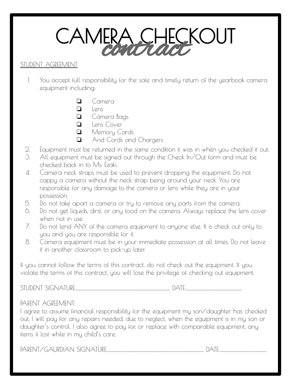 Camera checkout contract: 8 rules for borrowing camera gear, with student and parent agreements to sign