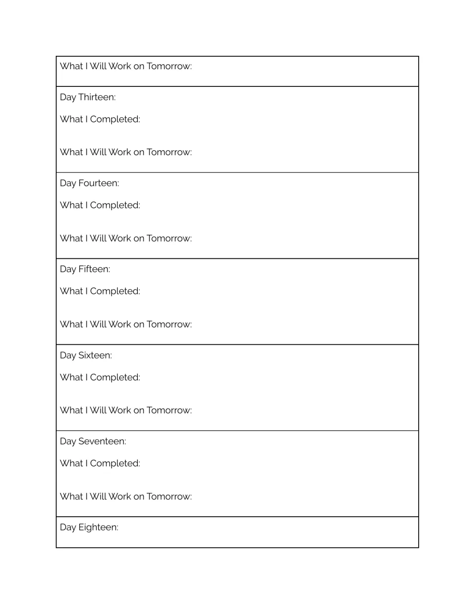 Work log continued for days thirteen to eighteen: students note daily accomplishments and set goals for the following day