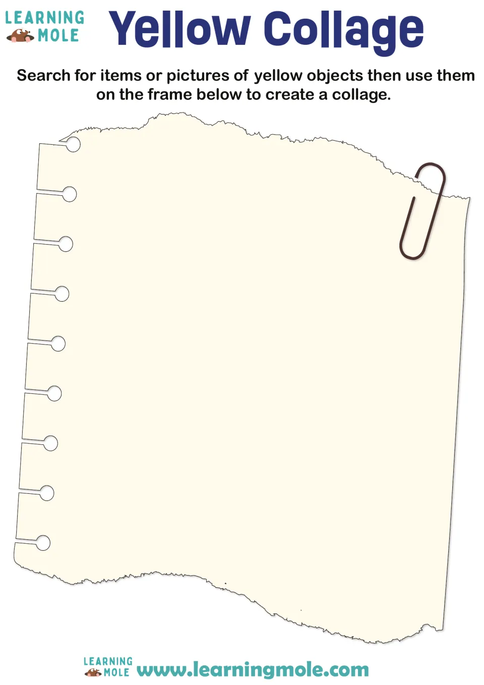 Yellow collage: students search for yellow items or pictures and stick them on a torn notebook page with a paper clip