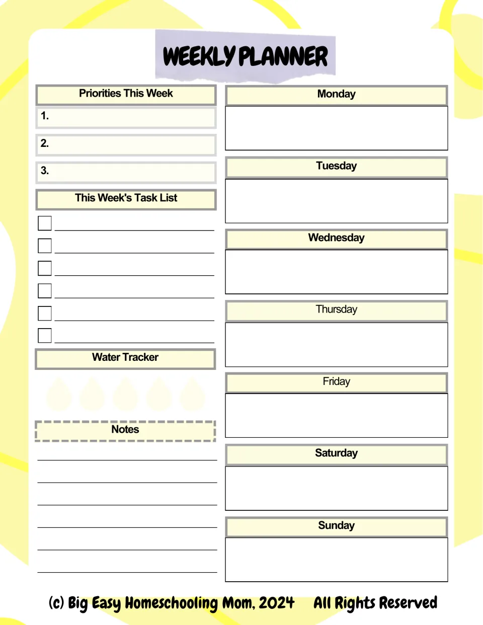 Weekly Planner: three priorities, a task checklist, a water tracker and notes beside writing space for Monday to Sunday