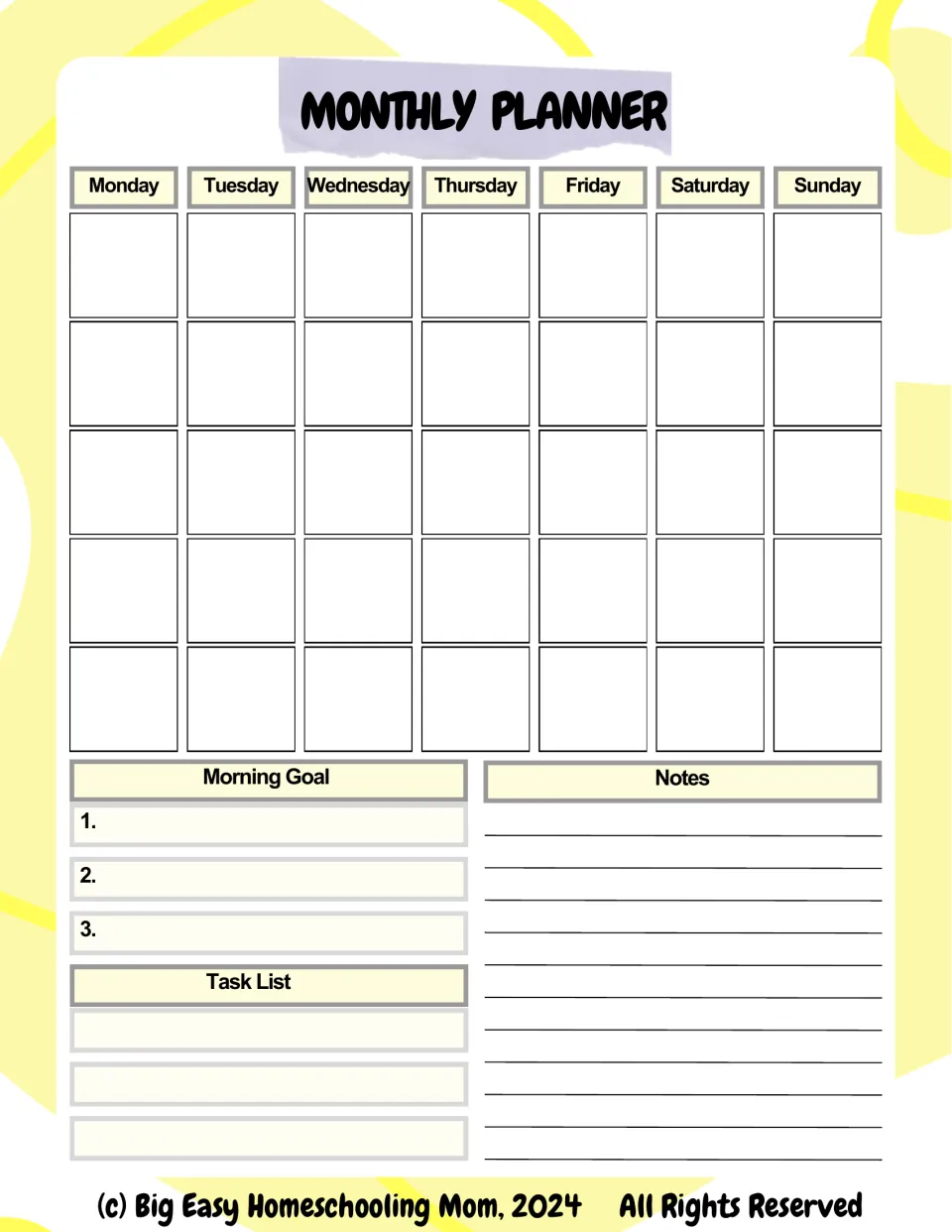 Monthly Planner: undated Monday-to-Sunday calendar with five weeks, plus three morning goals, a task list and notes