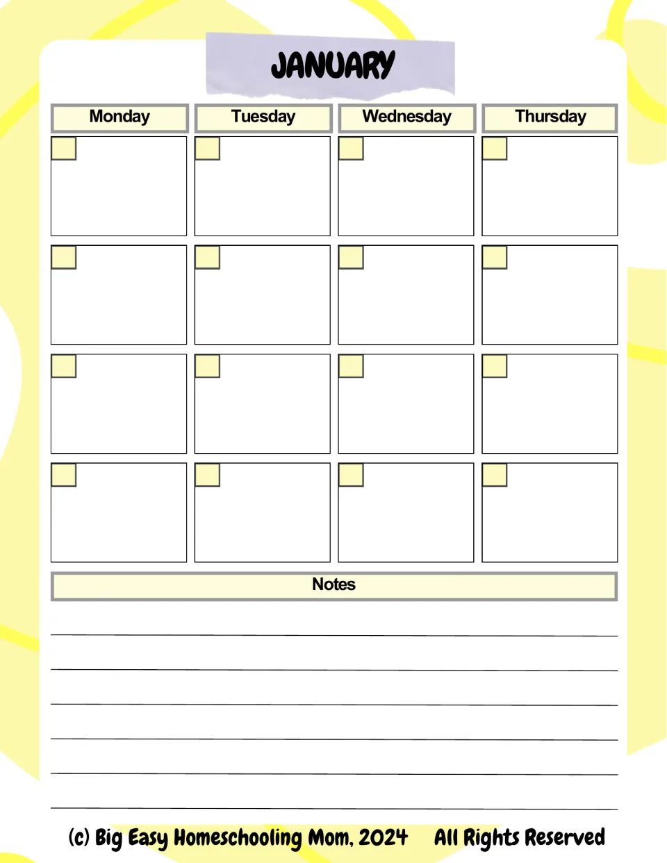 January calendar, first half: Monday to Thursday with four weeks of spaces to write dates and plans, and a notes area