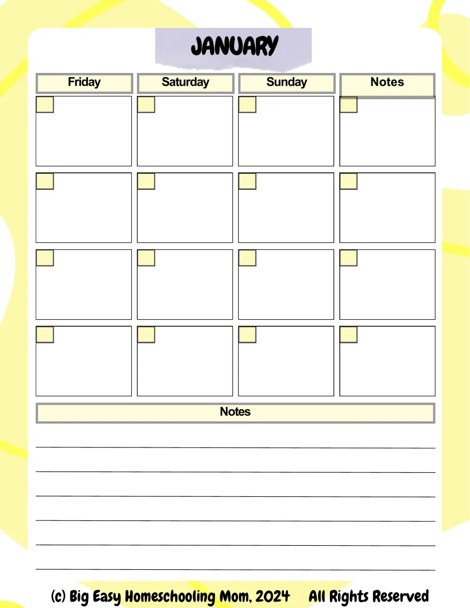 January calendar, second half: Friday, Saturday and Sunday for four weeks, plus weekly notes and a general notes area