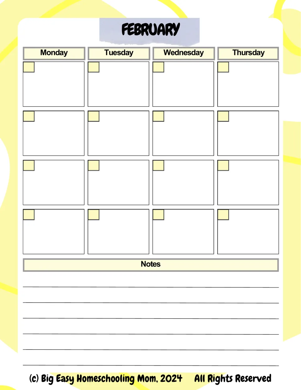 February calendar, first half: Monday to Thursday with four weeks of spaces to write dates and plans, and a notes area