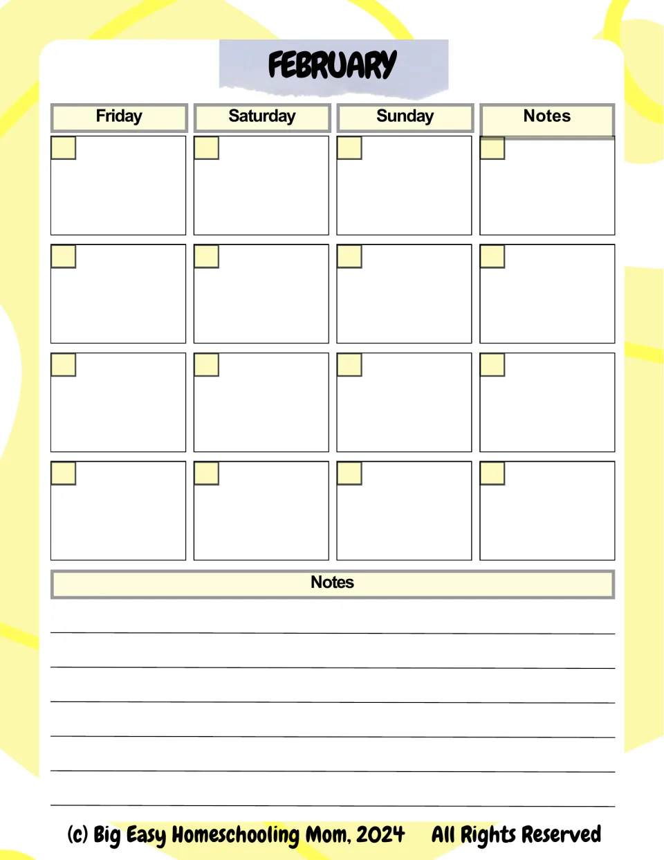 February calendar, second half: Friday, Saturday and Sunday for four weeks, plus weekly notes and a general notes area