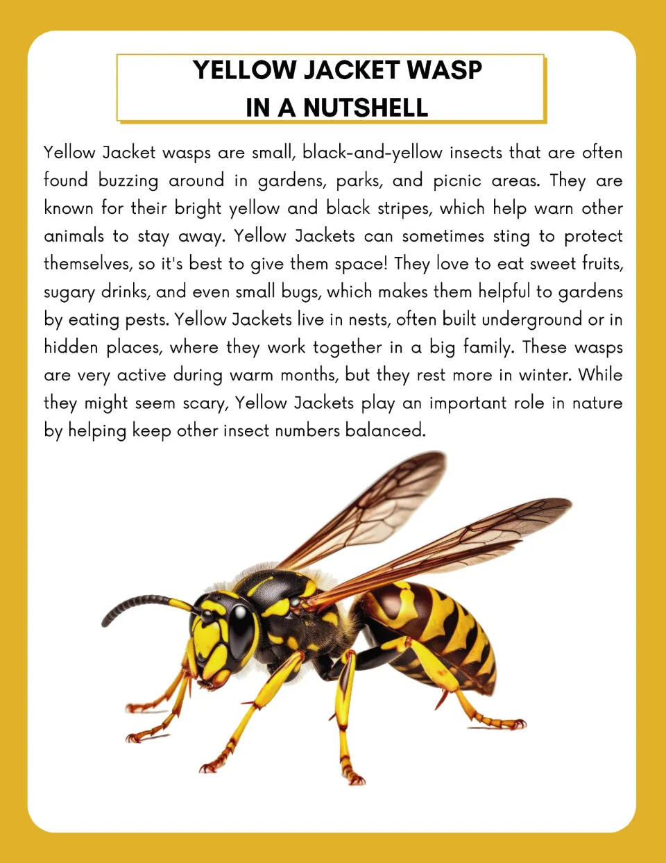 Yellow jacket wasp overview introduces its coloring, food, nests, seasonal activity, and role in nature.
