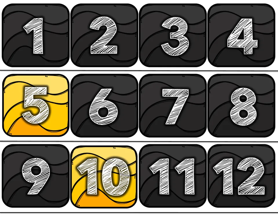 Number line bulletin board cards 1–12 from the 100-card set, with the numbers 5 and 10 highlighted in yellow