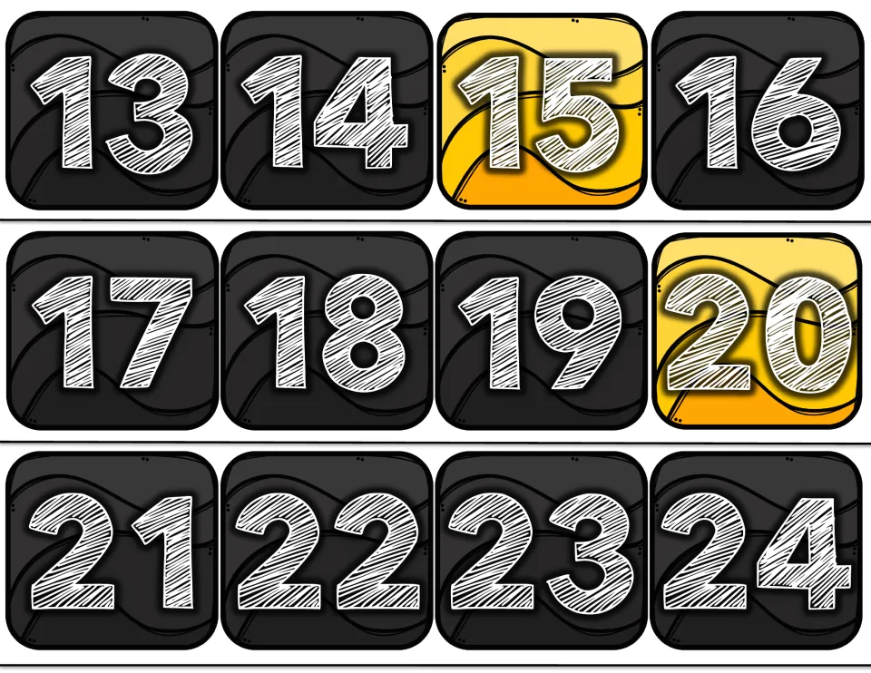 Number line bulletin board cards 13–24 from the 100-card set, with numbers 15 and 20 highlighted in yellow