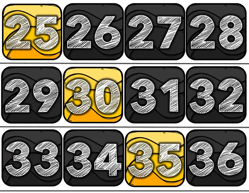 Number line bulletin board cards 25–36 from the 100-card set, with 25, 30 and 35 highlighted in yellow