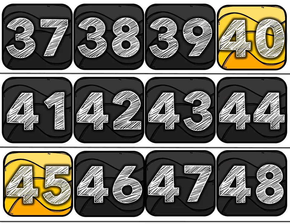 Number line bulletin board cards 37–48 from the 100-card set, with numbers 40 and 45 highlighted in yellow