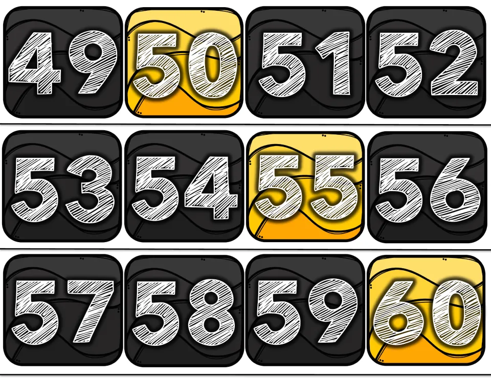 Number line bulletin board cards 49–60 from the 100-card set, with 50, 55 and 60 highlighted in yellow