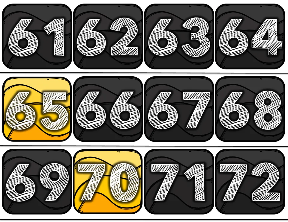 Number line bulletin board cards 61–72 from the 100-card set, with numbers 65 and 70 highlighted in yellow