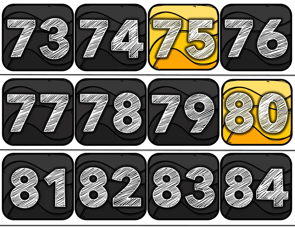 Number line bulletin board cards 73–84 from the 100-card set, with numbers 75 and 80 highlighted in yellow