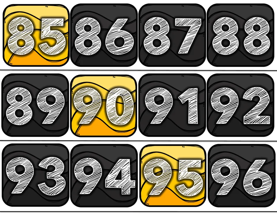 Number line bulletin board cards 85–96 from the 100-card set, with 85, 90 and 95 highlighted in yellow