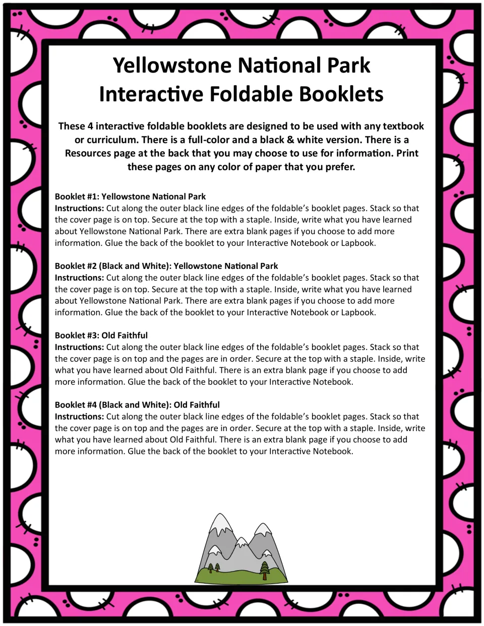 Instructions for four booklets: cut, stack, staple, write notes, and glue into a notebook or lapbook