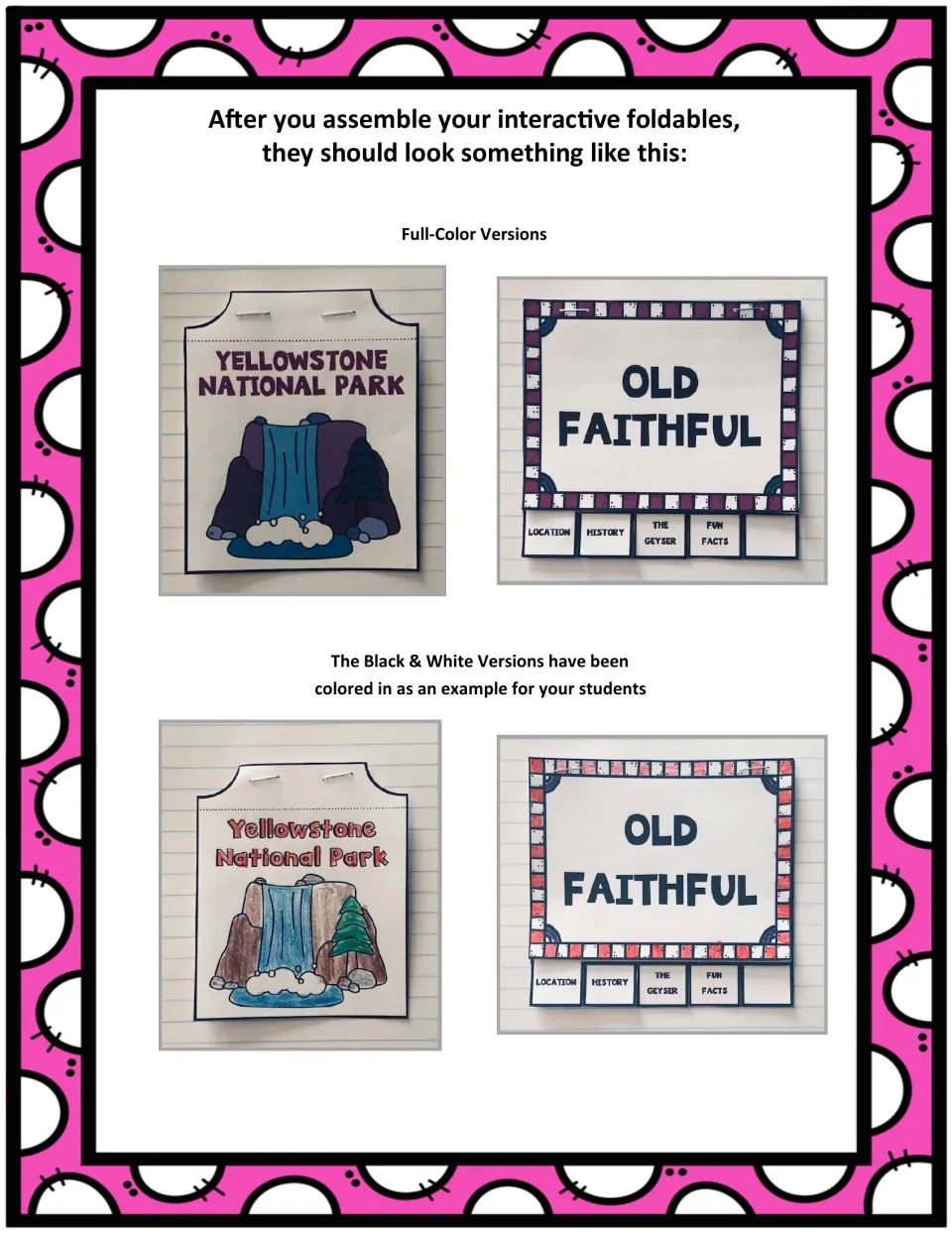 Completed Yellowstone and Old Faithful booklet examples show full-color versions and colored black-and-white copies
